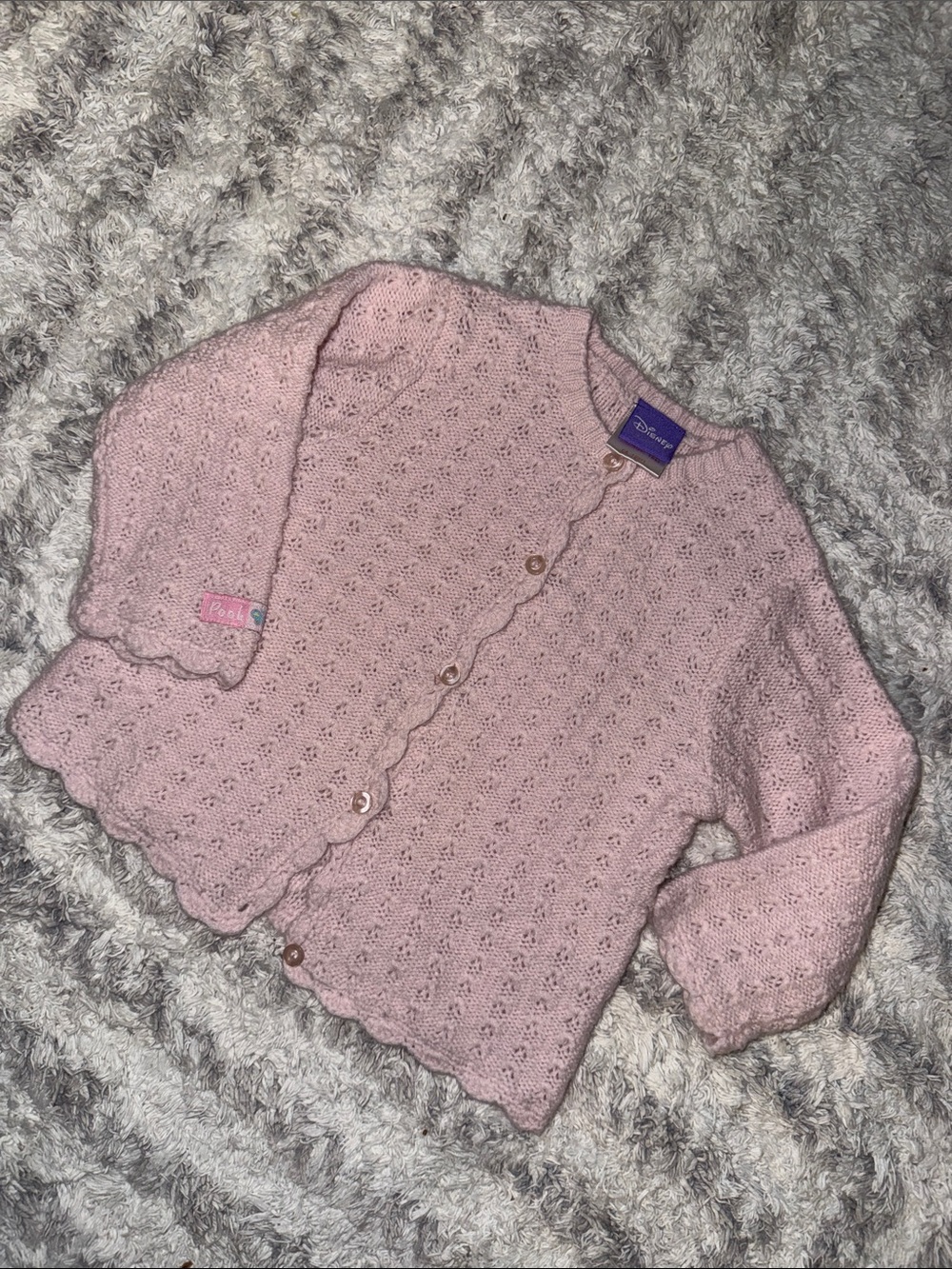24m vintage Pooh bear Disney Light Pink Knit Cardigan with Scalloped Edges